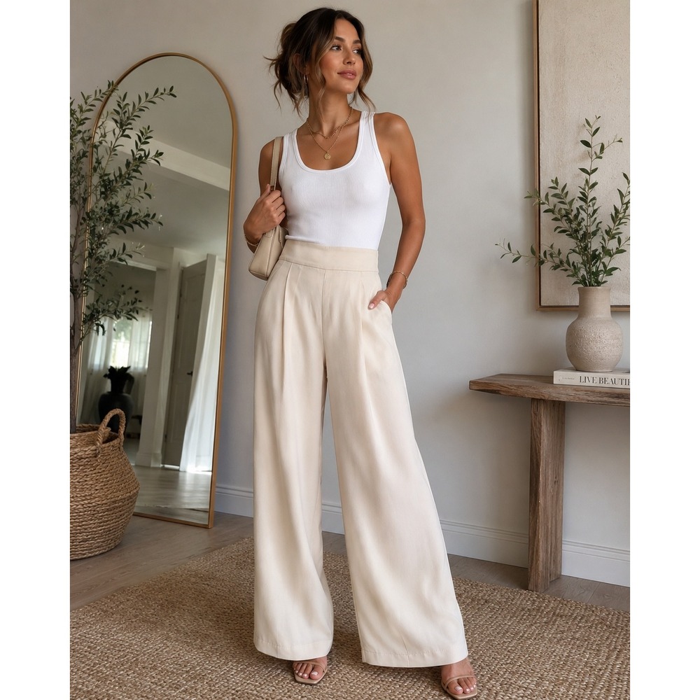 Express Super High Rise Wide Leg Pleated Pants Ivory Cream XS